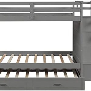 STP-Y Solid Wood Bunk Bed Frame No Box Spring Needed with Guardrails, Ladder and Storage Stairs for and Teens Platform, Twin Over Full, Gray (Color : Grey with Hiden Drawers)