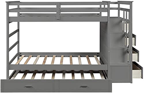 STP-Y Solid Wood Bunk Bed Frame No Box Spring Needed with Guardrails, Ladder and Storage Stairs for and Teens Platform, Twin Over Full, Gray (Color : Grey with Hiden Drawers)