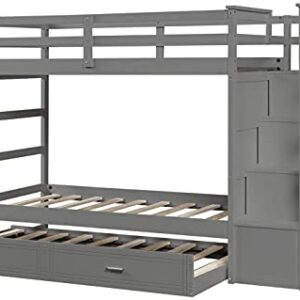 STP-Y Solid Wood Bunk Bed Frame No Box Spring Needed with Guardrails, Ladder and Storage Stairs for and Teens Platform, Twin Over Full, Gray (Color : Grey with Hiden Drawers)
