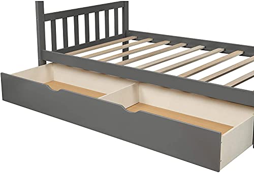 STP-Y Convertible Bunk Bed, Wood Bunk Bed with Storage Shelves and Drawers, Convertible Bottom Bed, Twin Over Twin/Twin Over Full, Grey