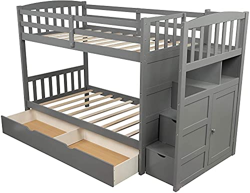 STP-Y Convertible Bunk Bed, Wood Bunk Bed with Storage Shelves and Drawers, Convertible Bottom Bed, Twin Over Twin/Twin Over Full, Grey