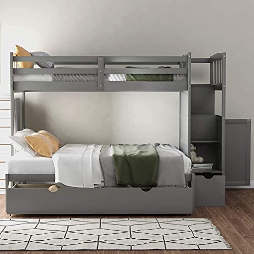 STP-Y Convertible Bunk Bed, Wood Bunk Bed with Storage Shelves and Drawers, Convertible Bottom Bed, Twin Over Twin/Twin Over Full, Grey