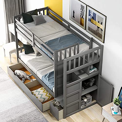 STP-Y Convertible Bunk Bed, Wood Bunk Bed with Storage Shelves and Drawers, Convertible Bottom Bed, Twin Over Twin/Twin Over Full, Grey