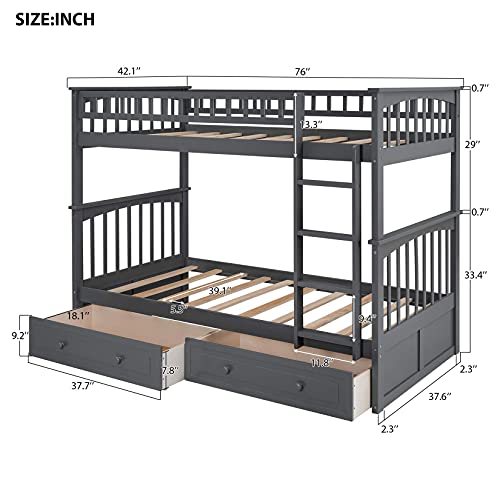 STP-Y Bunk Beds Full Over Full with Drawers, Solid Wood Full Bunk Beds with Ladder for Boys Girls Teens Adults, Gray (Color : Twin Gray)