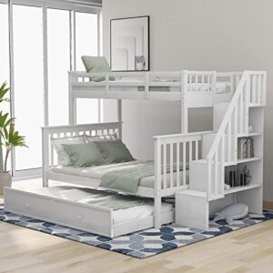 stp-y solid wood bunk bed frame no box spring needed with guardrails, ladder and storage stairs for and teens platform, twin over full, gray (color : white with trundle, size : twin over full)