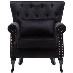 dm furniture mid century accent chair modern button tufted armchair club chair velvet wingback single sofa lounge chair with pillow for living room bedroom, black