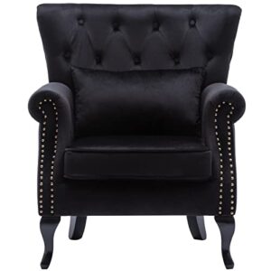 DM Furniture Mid Century Accent Chair Modern Button Tufted Armchair Club Chair Velvet Wingback Single Sofa Lounge Chair with Pillow for Living Room Bedroom, Black