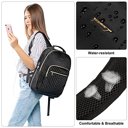 LOVEVOOK Laptop Backpack for Women 17.3 inch,Cute Womens Travel Backpack Purse,Professional Laptop Computer Bag,Waterproof Work Business College Teacher Bags Carry on Backpack with USB Port,Black