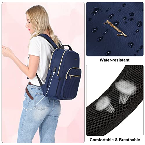 LOVEVOOK Laptop Backpack for Women 17.3 inch,Cute Womens Travel Backpack Purse,Professional Laptop Computer Bag,Waterproof Work Business College Teacher Bags Carry on Backpack with USB Port,Navy Blue