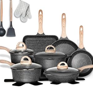 JEETEE Pots and Pans Set Nonstick 20PCS, Granite Coating Cookware Sets Induction Compatible with Frying Pan, Saucepan, Sauté Pan, Grill Pan, Cooking Pots, PFOA Free, (Grey, 20pcs Cookware Set)