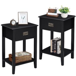 vecelo nightstands set of 2 end/side tables living room bedroom bedside, vintage accent furniture small space, solid wood legs, one drawer, black