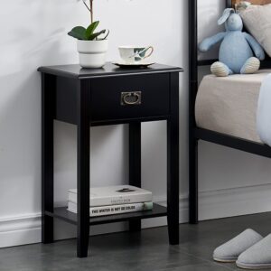 VECELO Nightstands Set of 2 End/Side Tables Living Room Bedroom Bedside, Vintage Accent Furniture Small Space, Solid Wood Legs, One Drawer, Black