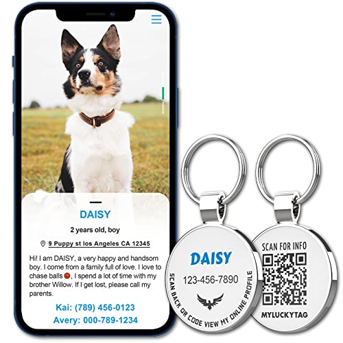 MYLUCKYTAG Personalized Pet ID Tags Dog Tags - QR Code ID Tags - Pet Online Profile - Send Pet Location Alert Email When Scanning