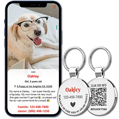 MYLUCKYTAG Personalized Pet ID Tags Dog Tags - QR Code ID Tags - Pet Online Profile - Send Pet Location Alert Email When Scanning