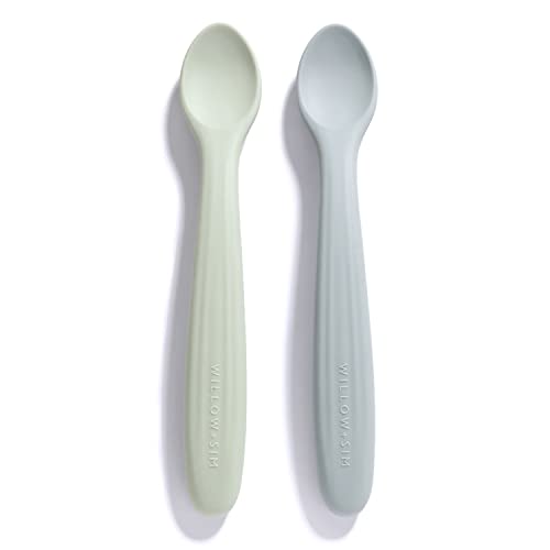 Willow + Sim Silicone Baby Feeding Spoons - BPA-Free, Non-Toxic, Soft & Gentle on Gums and Durable - Food-Grade Silicone Baby Spoons First Stage for Self Feeding 6 Months and Up (Sage/Sharkskin)