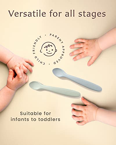 Willow + Sim Silicone Baby Feeding Spoons - BPA-Free, Non-Toxic, Soft & Gentle on Gums and Durable - Food-Grade Silicone Baby Spoons First Stage for Self Feeding 6 Months and Up (Sage/Sharkskin)