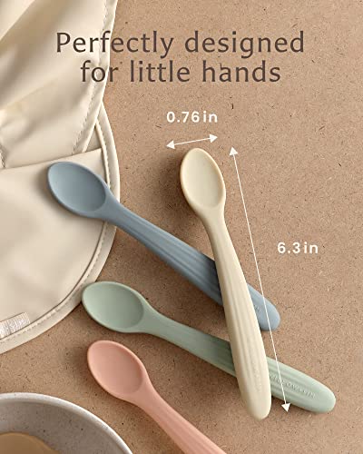 Willow + Sim Silicone Baby Feeding Spoons - BPA-Free, Non-Toxic, Soft & Gentle on Gums and Durable - Food-Grade Silicone Baby Spoons First Stage for Self Feeding 6 Months and Up (Sage/Sharkskin)