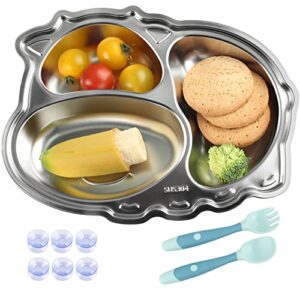 holipot 304 stainless steel divided plates, food-grade toddlers babies kids tray, 1300 ml toddler plates with suction, self feeding training kids plates,fits for most high chairs trays(hippo)