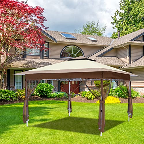 OUTFINE 12'x12' Gazebo Outdoor Pop up Canopy Tent with Curtains and Shelter for Patio, Party & Backyard (Khaki)