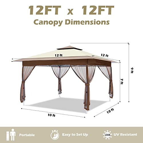 OUTFINE 12'x12' Gazebo Outdoor Pop up Canopy Tent with Curtains and Shelter for Patio, Party & Backyard (Khaki)