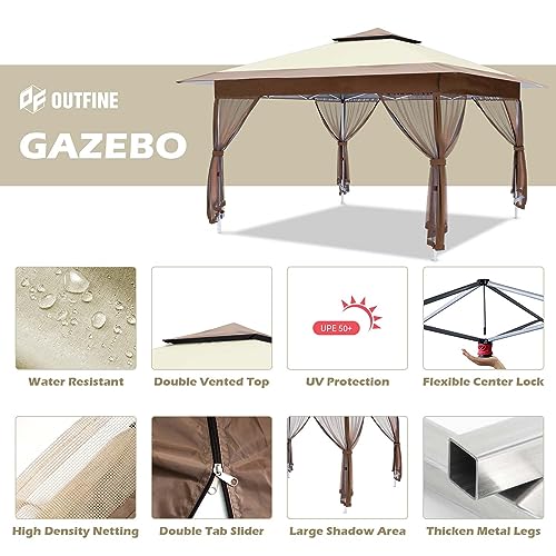 OUTFINE 12'x12' Gazebo Outdoor Pop up Canopy Tent with Curtains and Shelter for Patio, Party & Backyard (Khaki)