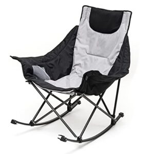 sunnyfeel oversized rocking camping chair, folding rocker camp chairs with luxury padded recliner & pocket,carry bag, 300 lbs heavy duty for outdoor/picnic/patio/porch, portable lawn chair(grey)