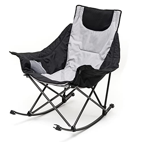 SUNNYFEEL Oversized Rocking Camping Chair, Folding Rocker Camp Chairs with Luxury Padded Recliner & Pocket,Carry Bag, 300 LBS Heavy Duty for Outdoor/Picnic/Patio/Porch, Portable Lawn Chair(Grey)