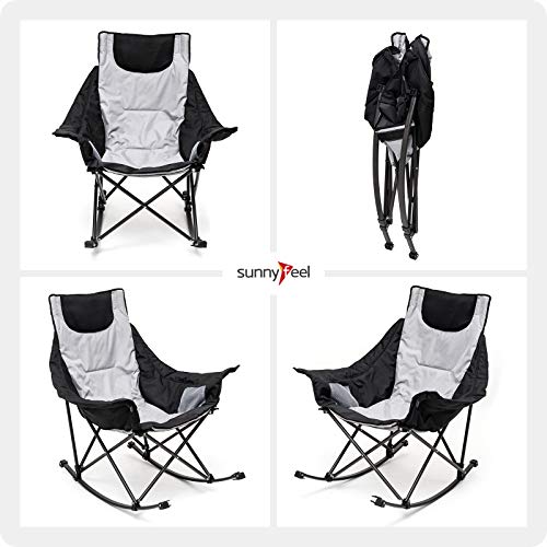 SUNNYFEEL Oversized Rocking Camping Chair, Folding Rocker Camp Chairs with Luxury Padded Recliner & Pocket,Carry Bag, 300 LBS Heavy Duty for Outdoor/Picnic/Patio/Porch, Portable Lawn Chair(Grey)