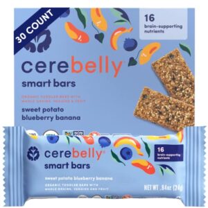 cerebelly toddler snack bars – organic sweet potato blueberry banana smart bars (pack of 30), healthy snack bars for kids - 16 brain-supporting nutrients from superfoods - made with gluten free ingredients, nut free, no added sugar, organic whole grain nu