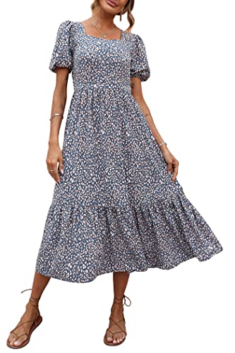 PRETTYGARDEN Women's Bohemian Dress Leopard Tie-Back Square Neck Puff Sleeve Ruffled Hem Summer Maxi Dresses(Blue,X-Large)