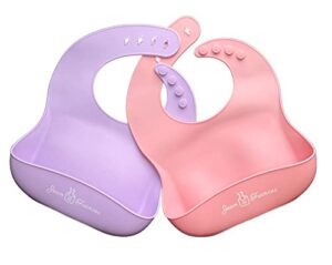 jean frances | silicone baby bibs set of 2, bpa free waterproof soft durable adjustable silicone bibs for infants & toddlers (pink/purple)