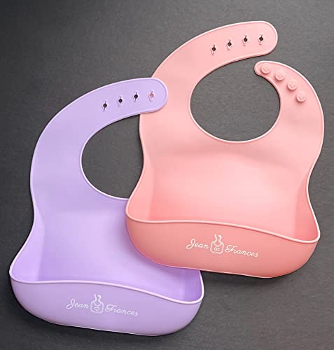 Jean Frances | Silicone Baby Bibs Set Of 2, BPA Free Waterproof Soft Durable Adjustable Silicone Bibs for Infants & Toddlers (Pink/Purple)