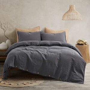 atlinia bedding duvet cover set linen - 100% french flax washed bed sets farmhouse comforter cover set (1 duvet cover and 2 pillow shams) king size dark grey