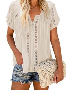 dokotoo womens ladies 2023 summer sexy lace v neck eyelet short sleeve boho shirts spring casual loose solid chiffon blouses for women tops apricot 1x large