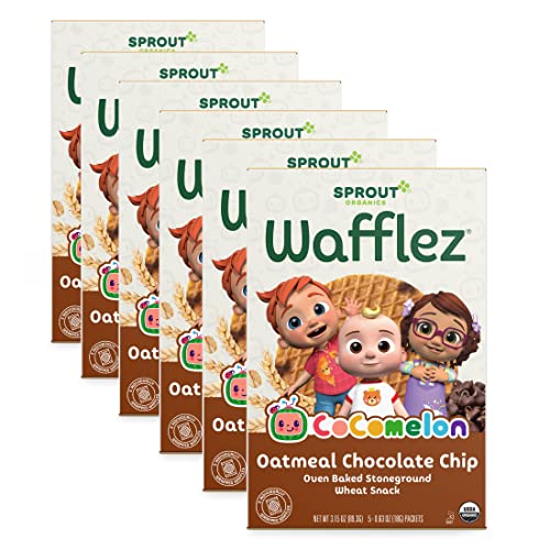 CoComelon Sprout Organic Baby Food Toddler Snacks, Oatmeal Chocolate Chip Wafflez, 50 Single Serve Waffles