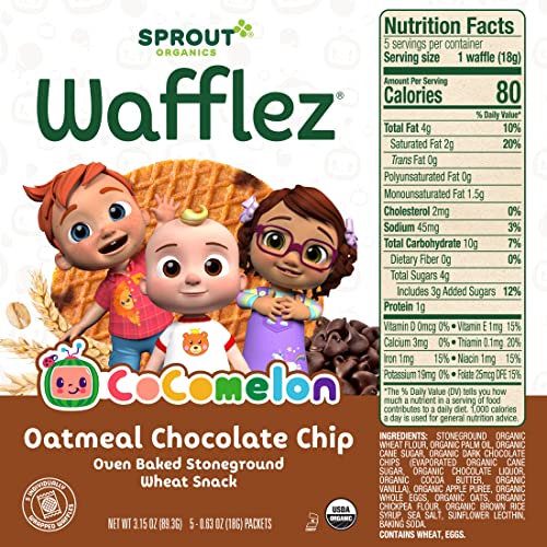 CoComelon Sprout Organic Baby Food Toddler Snacks, Oatmeal Chocolate Chip Wafflez, 50 Single Serve Waffles