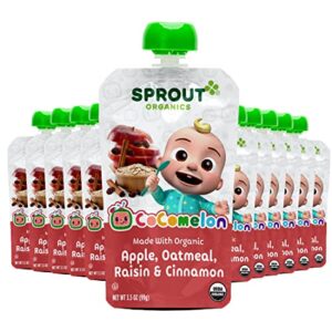 cocomelon sprout organic baby food pouches, apple oatmeal raisin with cinnamon, 3.5 oz purees (pack of 12)