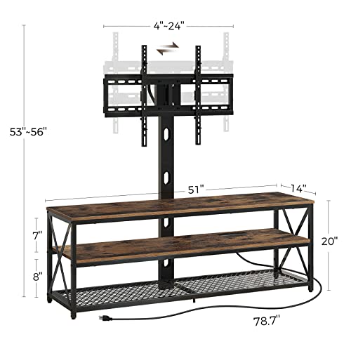 Seventable TV Stand with Mount and Power Outlet 51", Swivel TV Stand Mount for 32/45/55/60/65/70 inch TVs, Height Adjustable TV Entertainment Center with Cable Management, Rustic Brown