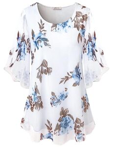 sese code bell sleeve tops for women mesh shirt chiffon tunic floral fancy shirts spring cute tops for women holiday blouse dressy white xl