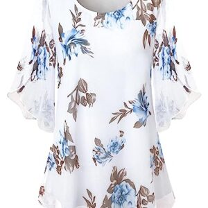 SeSe Code Bell Sleeve Tops for Women Mesh Shirt Chiffon Tunic Floral Fancy Shirts Spring Cute Tops for Women Holiday Blouse Dressy White XL