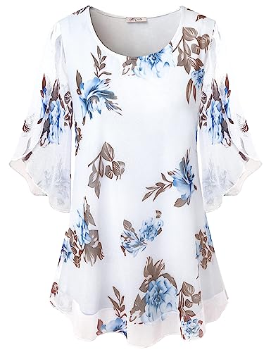 SeSe Code Bell Sleeve Tops for Women Mesh Shirt Chiffon Tunic Floral Fancy Shirts Spring Cute Tops for Women Holiday Blouse Dressy White XL