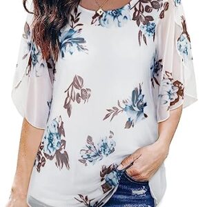 SeSe Code Bell Sleeve Tops for Women Mesh Shirt Chiffon Tunic Floral Fancy Shirts Spring Cute Tops for Women Holiday Blouse Dressy White XL