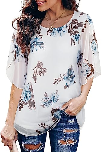 SeSe Code Bell Sleeve Tops for Women Mesh Shirt Chiffon Tunic Floral Fancy Shirts Spring Cute Tops for Women Holiday Blouse Dressy White XL