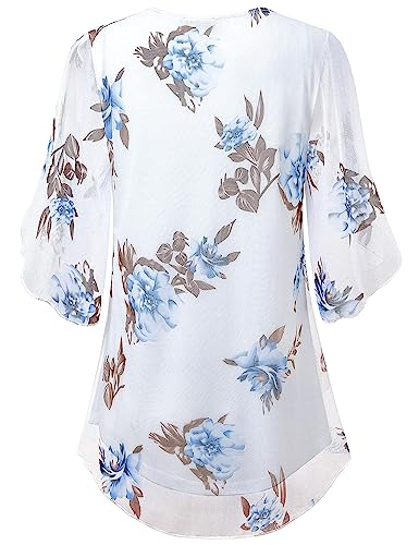 SeSe Code Bell Sleeve Tops for Women Mesh Shirt Chiffon Tunic Floral Fancy Shirts Spring Cute Tops for Women Holiday Blouse Dressy White XL