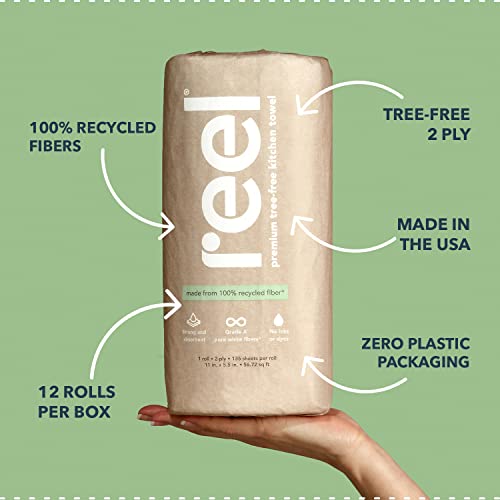 Reel Premium Recycled Paper Towels- 12 Rolls, 2-Ply Made From Tree-Free, 100% Recycled Paper - Eco-Friendly, Hypoallergenic and Zero Plastic Packaging