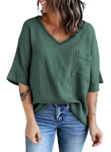 dokotoo womens juniors elegant casual spring summer shirts and blouses for women 2023 t-shirts v neck 3/4 sleeve cotton tunic tops loose shirts with pocket green large