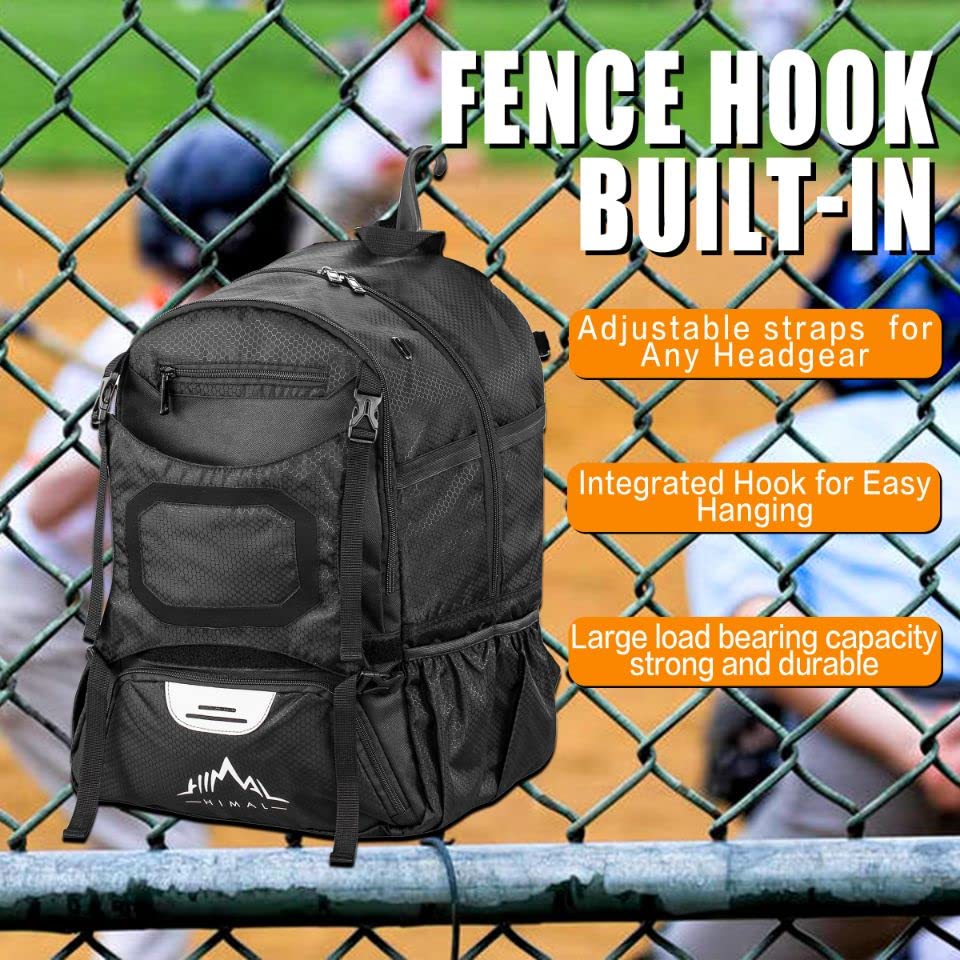 Himal Pro Baseball Bag Pro Baseball Bat Backpack for Baseball, TBall Softball Equipment Gear for Adults Holds 5 Bats, Helmet, Gloves, Cleats, Shoe Helmet Holder, Shoes Compartment Fence Hook