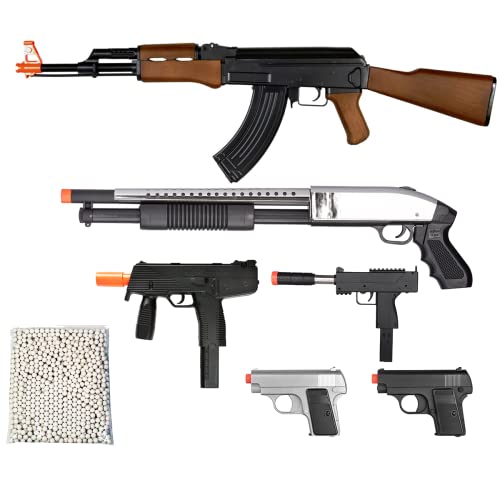 Airsoft Toy Gun Package Bundle: All-in-One with Powerful Spring AK Rifle, SMG, Shotgun, Pistols, and 2000 Round BBS - Perfect Airsoft Beginner Pack and Birthday Gift Present