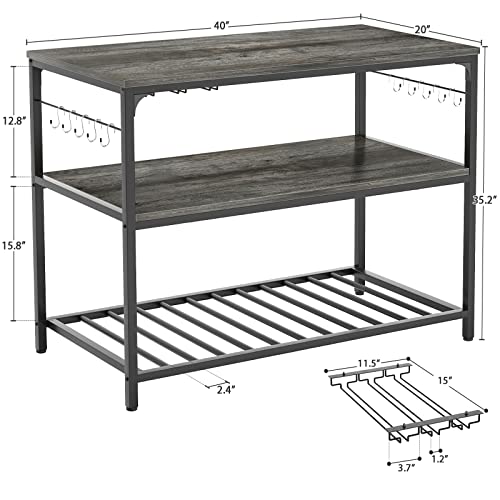 Homieasy Kitchen Island with Wine Glass Holder, Industrial Wood and Metal Coffee Bar Wine Rack Table, 3 Tier Spacious Kitchen Prep Table Extended Counter with Hooks Easy to Assemble, Black Oak