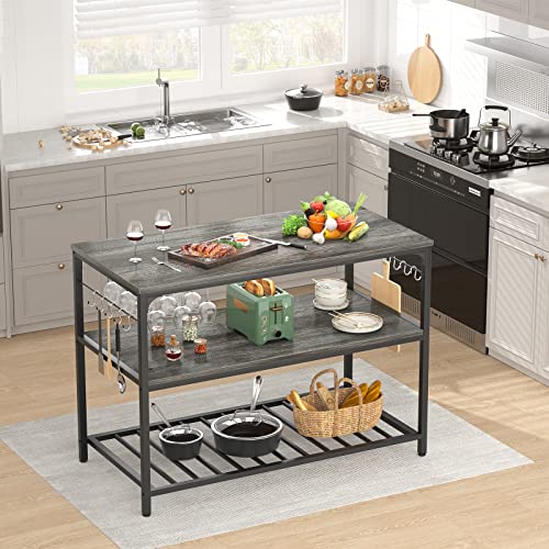Homieasy Kitchen Island with Wine Glass Holder, Industrial Wood and Metal Coffee Bar Wine Rack Table, 3 Tier Spacious Kitchen Prep Table Extended Counter with Hooks Easy to Assemble, Black Oak